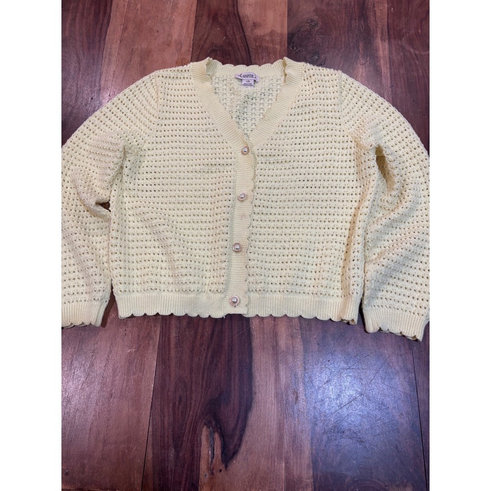 Nanette Lepore cardigan women large yellow pointelle pearl button scalloped hem